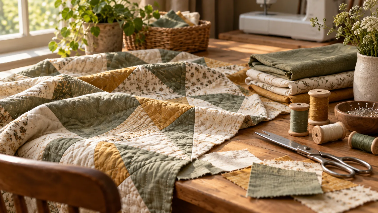 Quilt fabric, thread and shears on a sunlit craft table.